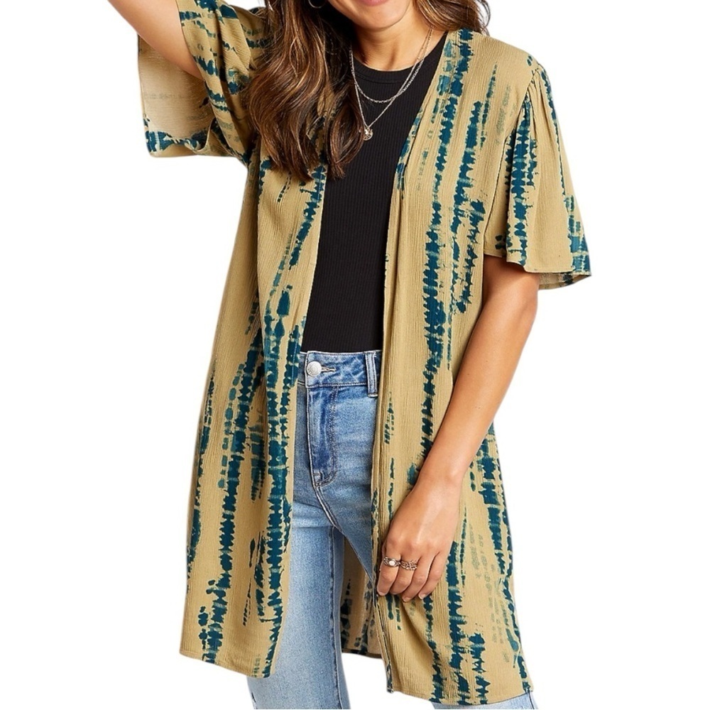 Maurices Bohemian Olive Tie Dye Flutter Sleeve Kimono